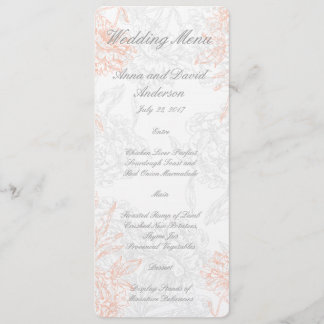 Koralle Grau Florales Vintage-Hochzeitsmenü Menükarte