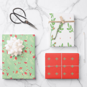 Koralle, Grün und Weiß Blumenmuster Geschenkpapier Set