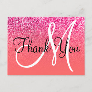 Koralle Hot Pink Ombre Glitter Monogramm Danke Postkarte