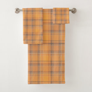 Koralle, orange, brauner Tartan kariert. Badhandtuch Set