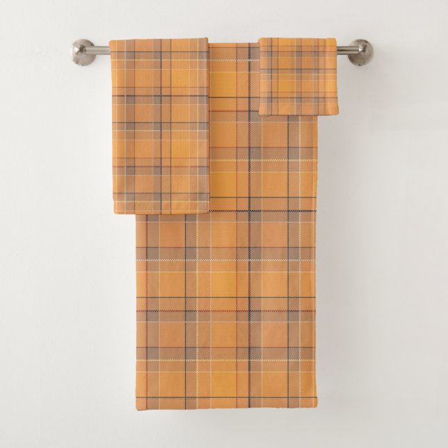 Koralle, orange, brauner Tartan kariert. Badhandtuch Set (Insitu)