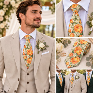 Koralle Orange Golden Gelb Aquarell-Rosen-Hochzeit Krawatte