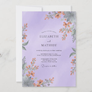 Koralle Pastell-Lila-Wildblumen-Hochzeit Einladung