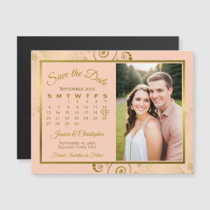 Koralle-Pfirsich- und Gold-Kalender-Foto-Save-Date Magneteinladung