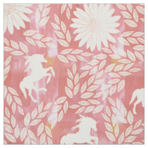 Koralle, Rosa und Elfenbein Einhorn Blumenmuster Stoff