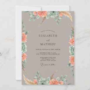 Koralle-Taupe-Pampas-Eukalyptus-Hochzeit Einladung