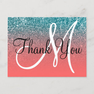 Koralle Türkis Ombre Glitter Monogramm Danke Postkarte