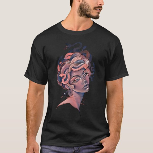 Koralle und blaue Medusa-Porträtaufkleber T-Shirt (Vorderseite)