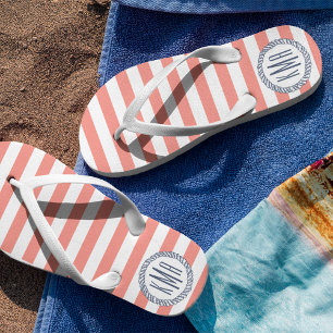 Koralle und Navy Nautical Strip Preppy Monogram Flip Flops