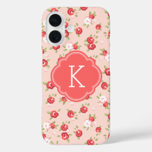 Koralle und Rosé Schick Vintage Blumenprint Monogr iPhone 16 Hülle