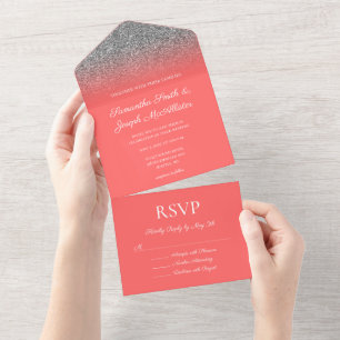 Koralle und Silber Ombre Glitter Hochzeit All In One Einladung