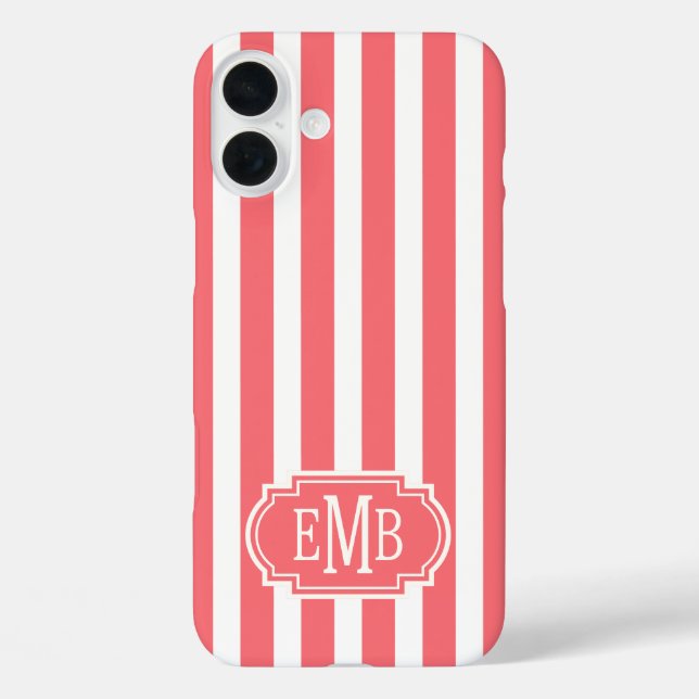 Koralle und weiße monogrammierte Streifen Case-Mate iPhone Hülle (Rückseite)
