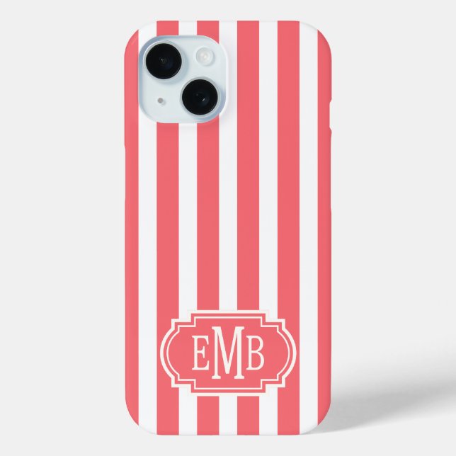 Koralle und weiße monogrammierte Streifen Case-Mate iPhone Hülle (Rückseite)