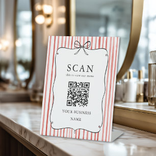Koralle Weiße Streifen Vintage-Bogen QR-Code-Menüs Sockelschild