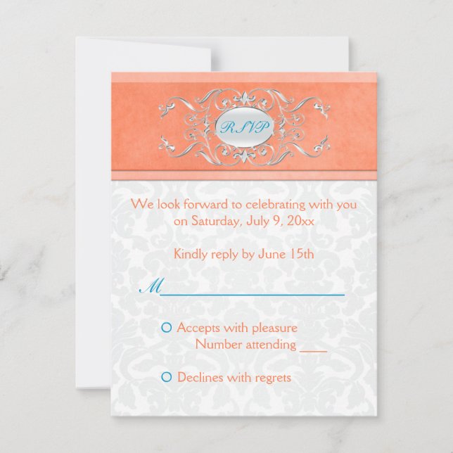 Korallen-, Aqua- und Gray Damask-Antwortkarte RSVP Karte (Vorderseite)