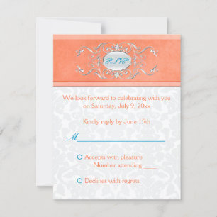 Korallen-, Aqua- und Gray Damask-Antwortkarte RSVP Karte