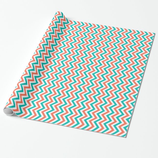 Korallen, Aquamarin, weiße große Zickzack ZigZag M Geschenkpapier (Ungerollt)