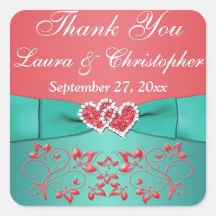 Korallen, Aquamarine Blüten, Herz 1,5" q. Gastgesc Quadratischer Aufkleber