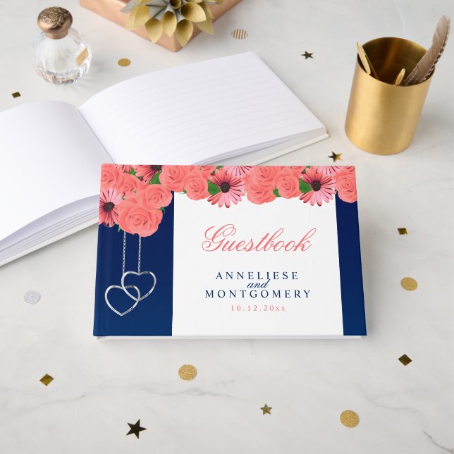 Korallen-Blume und Navy Blue Gästebuch (Vorderseite Offen)