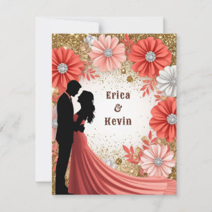 💍 Korallen-Blumen-Gold-Verlobung-Paar 💍 RSVP Karte