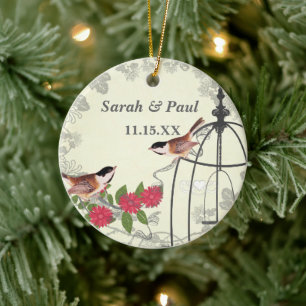 Korallen-Blumen-Vintage-Vogel Save-the-Date-Vogelk Keramik Ornament