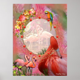 Korallen, Gras, Peony-pink Blooms & Flamingos Poster