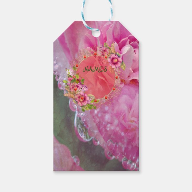 Korallen, Gras & Peony-pink Blüten Mittlere Gesche Geschenkanhänger (Vorderseite)