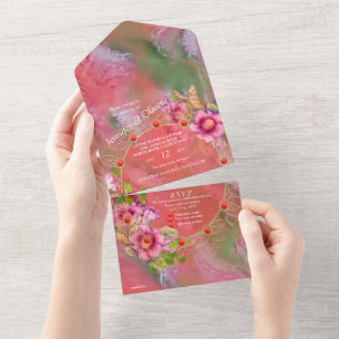 Korallen, Gras und Peony-rosa Blüten alle in einer All In One Einladung
