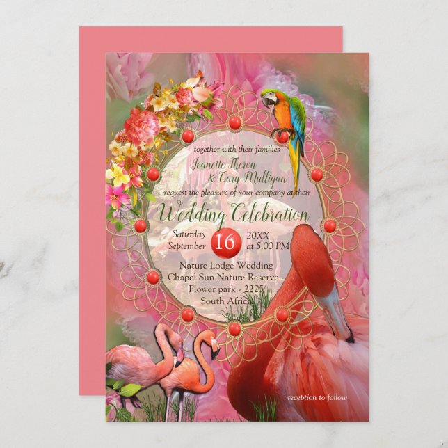 Korallen, Gras und Peony-rosa Blüten Einladung (Vorne/Hinten)