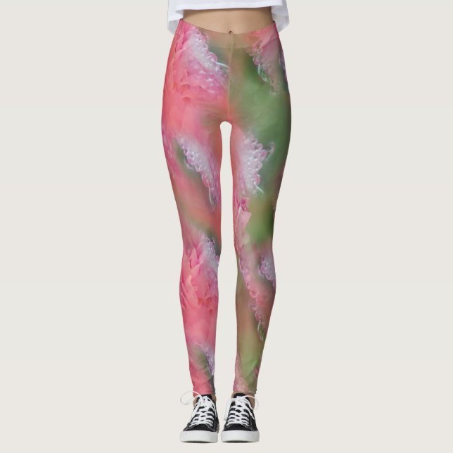 Korallen, Gras und Peony-rosa Blüten Leggings (Vorderseite)