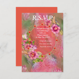 Korallen, Gras und Peony-rosa Blüten RSVP Karte