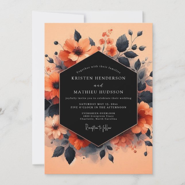 Korallen-Holzkohle-Vesper-Hochzeit Einladung (Vorderseite)