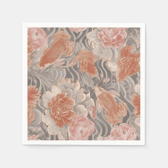 Korallen-Koi-Chinoiserie-Blumenmuster Serviette (Vorderseite)