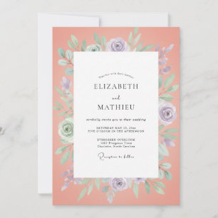 Korallen-Lavendel-Aquarell-Hochzeit Einladung
