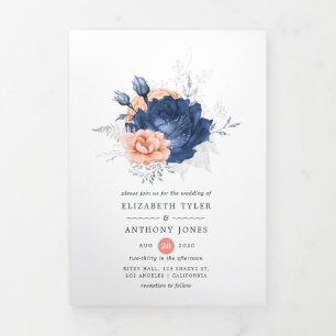 Korallen-, Marine- und Silberblumenhochzeit Dreifach Gefaltete Einladung