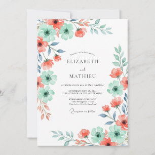 Korallen-Minz-Blumen-Hochzeit im Frühling Einladung