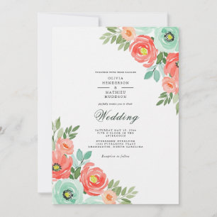 Korallen-Minz-Üppige Florale Hochzeit Einladung