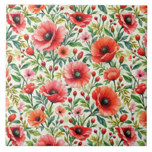 Korallen-Mohn in botanischer Aquarelldarstellung Fliese