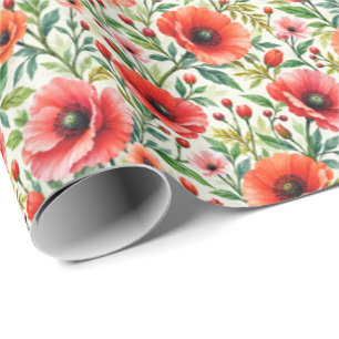 Korallen-Mohn in botanischer Aquarellmalerei Geschenkpapier