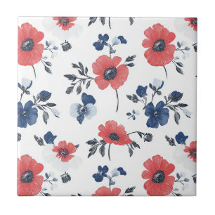 Korallen-Mohn Navy-Blau Floral Botanisch Fliese