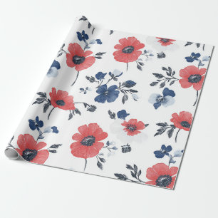 Korallen-Mohn Navy Blau Floral Botanisch Geschenkpapier