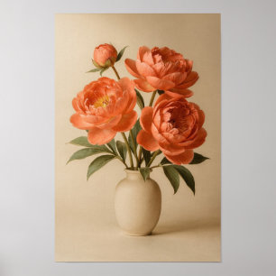 Korallen-Pfingstrosen in Elfenbeinglasenvase Blume Poster
