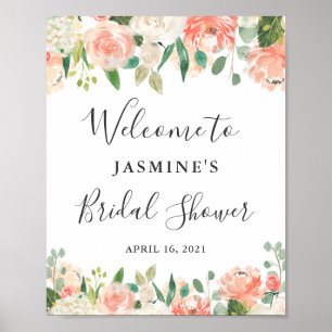 Korallen-Pfirsich-Blumen-Hochzeitsdusche-Schild Poster