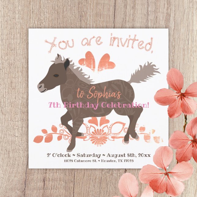 Korallen, Rosa, Pony Geburtstagsparty Einladung (brown peach galloping pony girls birthday party invitation ponies themed party invite pink hearts)