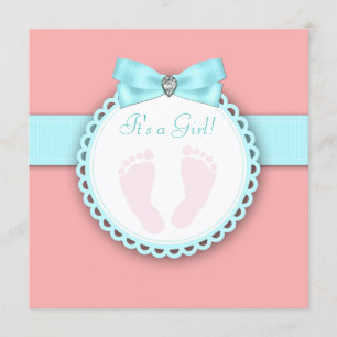 Korallen Türkis Blau Rosa Fußabdruck Baby Shower Einladung