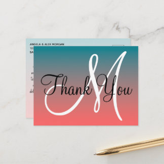 Korallen Türkis Ombre Glitter Monogramm Danke Postkarte