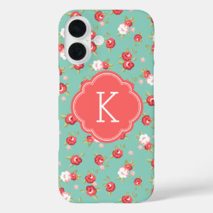 Korallen und Aqua Chic Vintage Blumenprint Monogra iPhone 16 Hülle