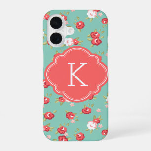 Korallen und Aqua Chic Vintage Blumenprint Monogra iPhone 16 Hülle