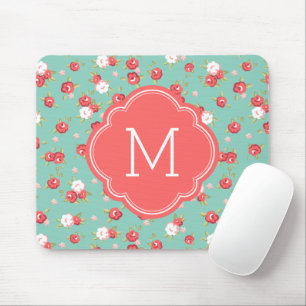 Korallen und Aqua Chic Vintage Blumenprint Monogra Mousepad