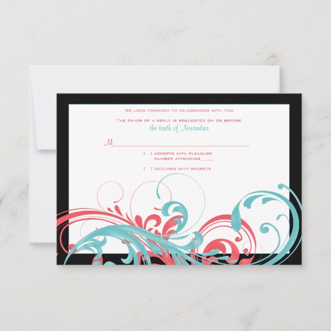 Korallen- und Aqua-Floral-Hochzeitskarte RSVP Karte (Vorderseite)